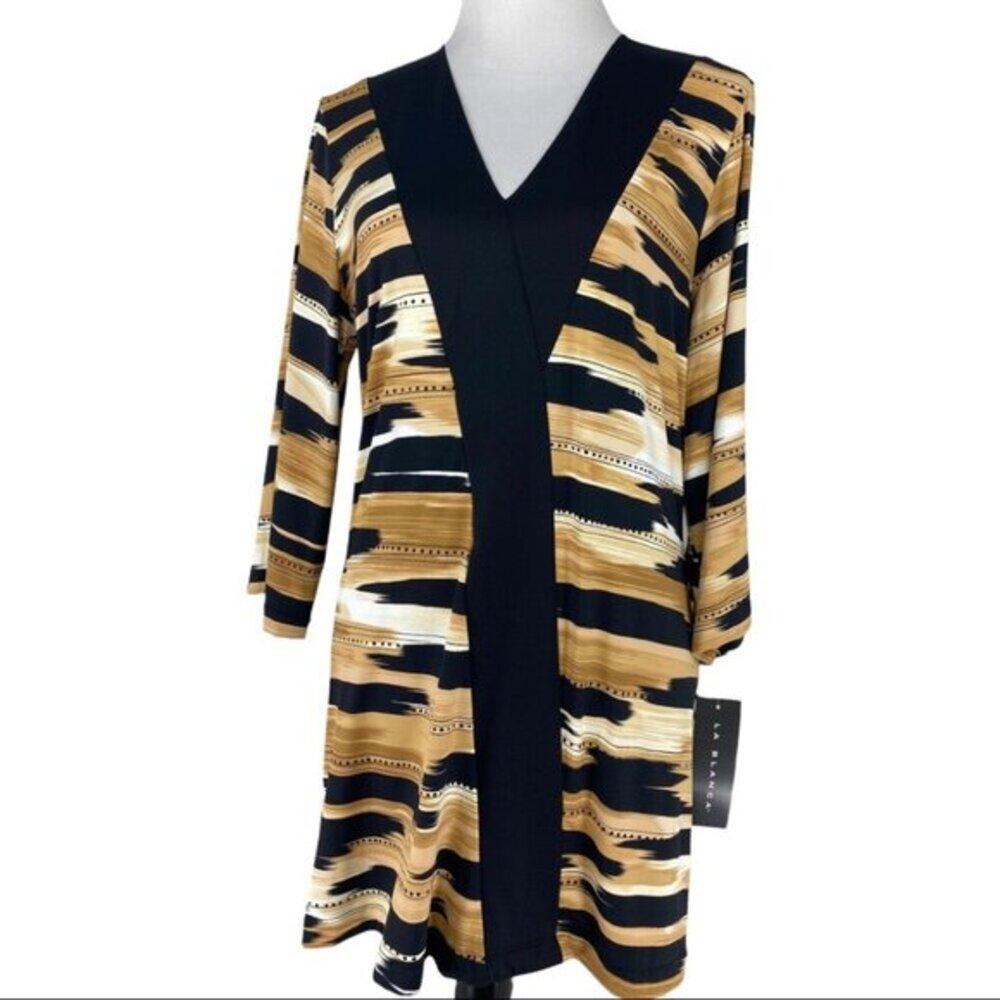 La Blanca Womens Black Tan Ikat Stripe V-Neck Modern Dress‎ Small NEW